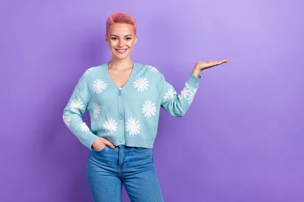 Portrait Gorgeous Optimistic Girl Pink Hairdo Wear Blue Pullover Demonstrate — Stock Fotó