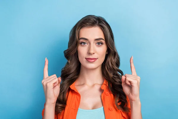 Photo Confident Pretty Lady Wear Orange Jacket Pointing Two Fingers — Stockfoto