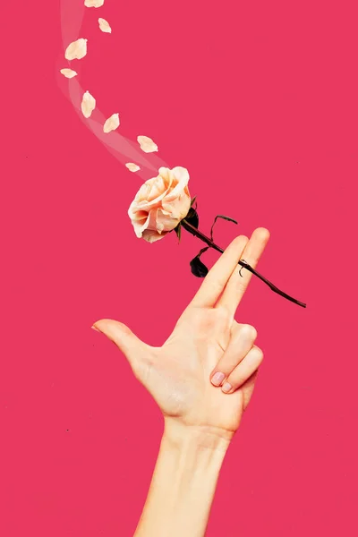 Photo Cartoon Comics Sketch Collage Picture Arm Palm Holding Rose — Stockfoto