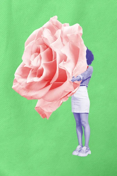 Vertical Collage Image Mini Girl Arms Hold Huge Rose Flower — Stock Photo, Image