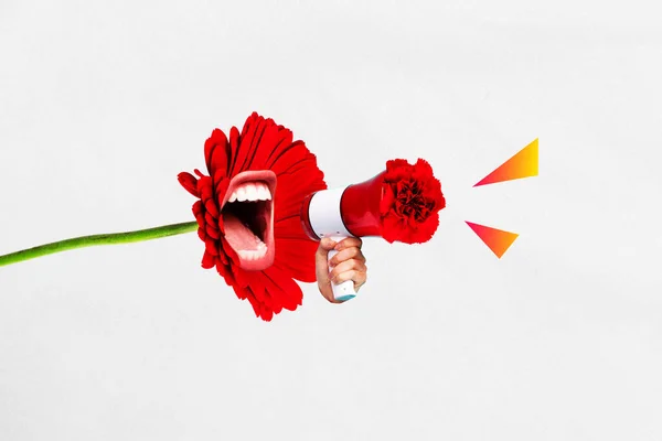 Creative Artwork Collage Image Talking Mouth Flower Arm Hold Loudspeaker — Zdjęcie stockowe