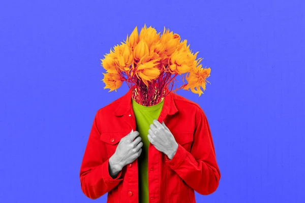 Composite Collage Image Headless Person Bunch Fresh Flowers Instead Head — Stok fotoğraf