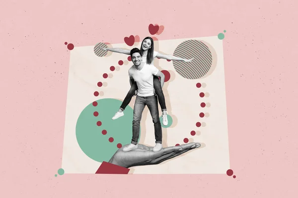 Photo Collage Artwork Postcard Greeting Carefree Girlfriend Piggyback Flying Wings — Stockfoto