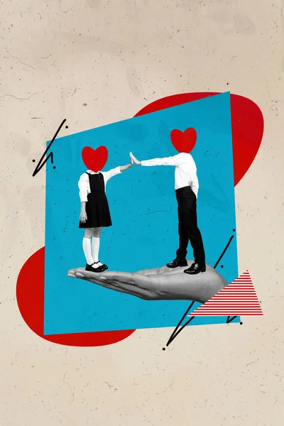 Vertical collage of little young children lovely couple school lesson teamwork head red paper feelings symbol high five isolated on blue background.