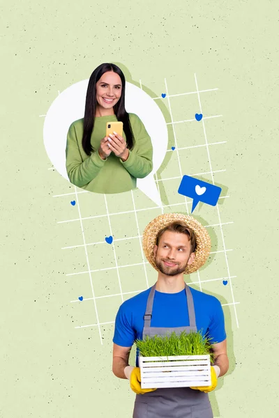 Vertical Collage Young Professional Agronomist Botany Gardener Hold Green Grass — ストック写真