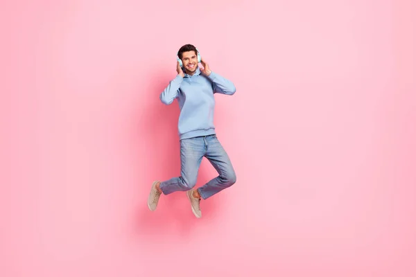 Photo Positive Overjoyed Man Wear Blue Trendy Clothes Enjoy Favorite — Fotografia de Stock