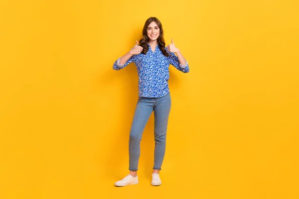 Full Length Portrait Gorgeous Positive Person Hands Fingers Demonstrate Thumb — Stockfoto