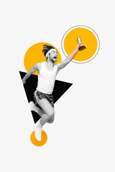 Vertical Collage Picture Excited Black White Gamma Guy Run Jump — Stok fotoğraf
