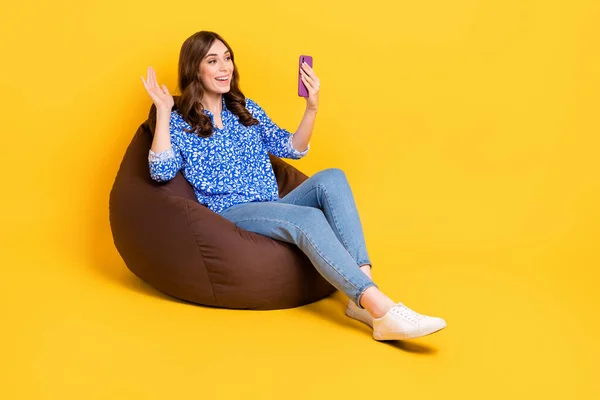 Full Size Portrait Positive Girl Sit Comfy Bag Use Telephone — Stockfoto