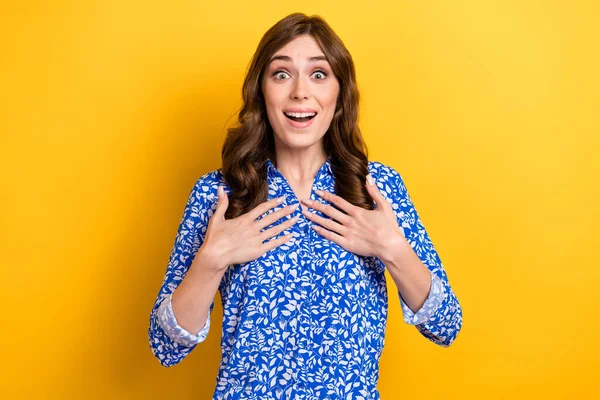 Photo of impressed funky lady wear print shirt smiling open mouth arms chest isolated yellow color background.