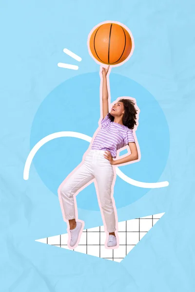 Vertical Collage Image Positive Sportive Girl Spinning Basketball Finger Isolated — Foto Stock