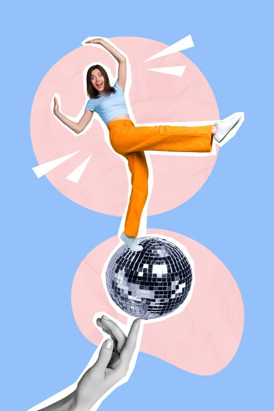 Vertical Creative Photo Collage Shocked Surprised Amazed Girl Falling Disco — Foto Stock
