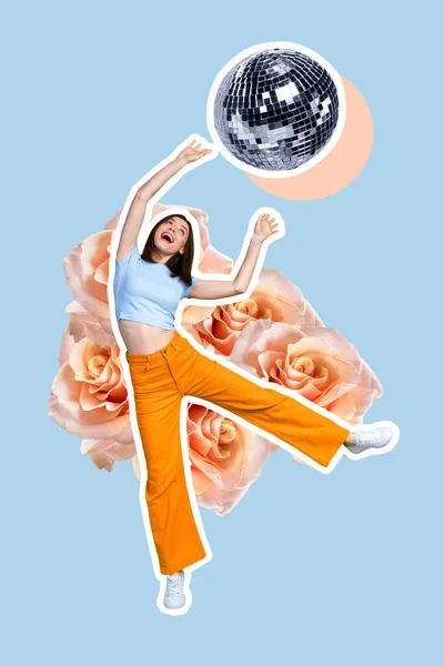 Vertical Creative Photo Collage Positive Cheerful Playful Girl Raising Hands — Foto Stock
