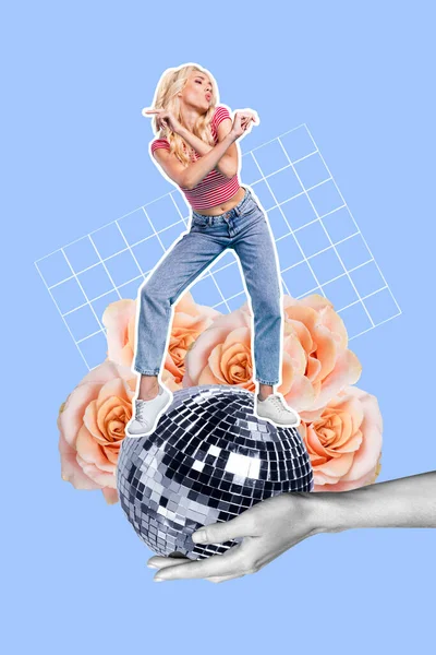 stock image Creative collage poster of youth lady hipster dance moving glitter disco ball over floral pattern background.