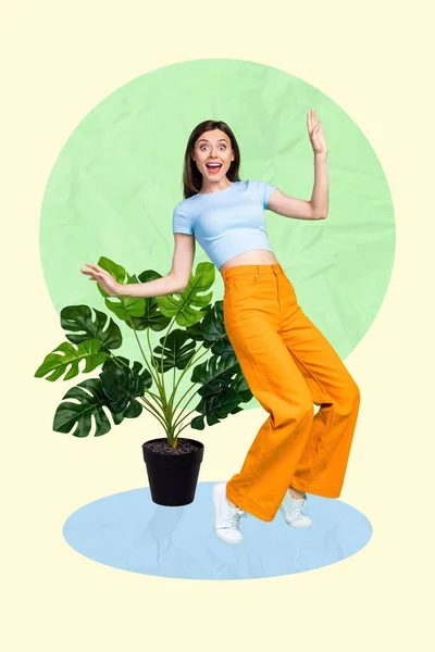 Vertical Photo Artwork Collage Young Excited Surprised Woman Ecology Gardener — 图库照片