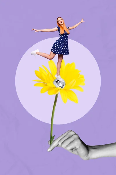 Vertical Creative Photo Collage Illustration Positive Attractive Girl Standing Yellow — Stock Fotó