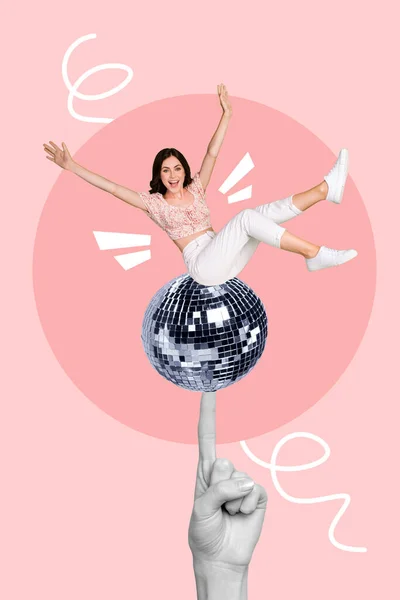 Magazine creative template collage of excited crazy youth lady enjoy discotheque occasion on glowing shine disco ball.