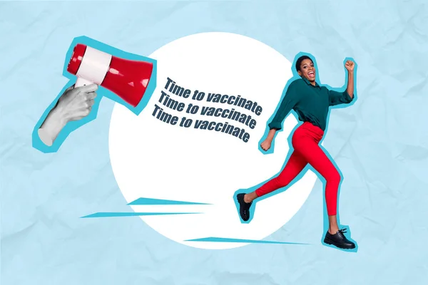 Creative Poster Photo Collage Young Businesswoman Running Vaccination Time Announcement — Photo