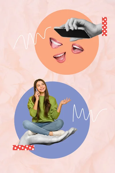 Vertical Creative Photo Collage Lovely Positive Cute Nice Girl Sitting — Stok Foto