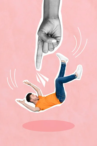 Vertical Creative Photo Collage Illustration Huge Arm Directing Push Falling — Stockfoto