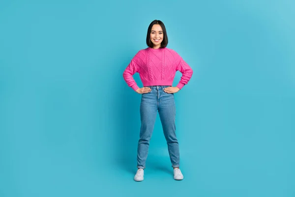 Full body size cadre of young confident japanese model touch hands waist wear stylish pink knitwear trendy outfit isolated on blue color background.