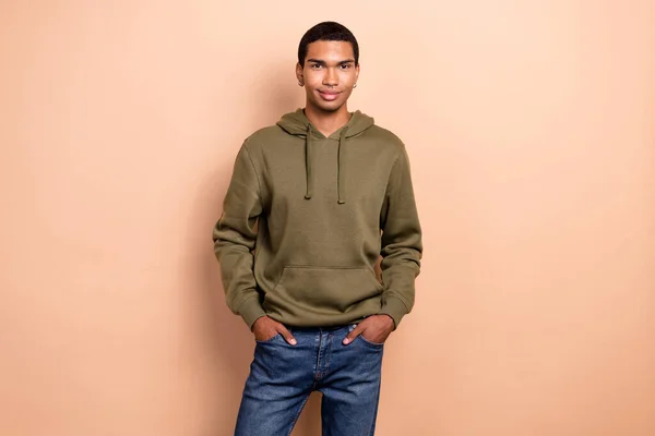 Photo Young Hipster Positive Guy Wear Piercing Stylish Outfit Khaki — Stockfoto