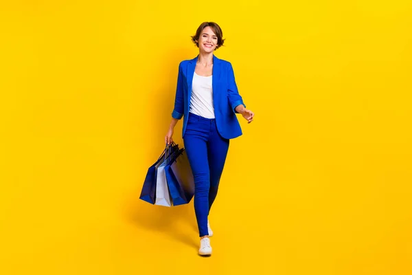 Full Length Photo Cheerful Positive Woman Wear Blue Jacket Walking — Stock Photo, Image