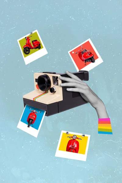 Composite Collage Image Hand Holding Retro Vintage Polaroid Camera Instant — Stockfoto