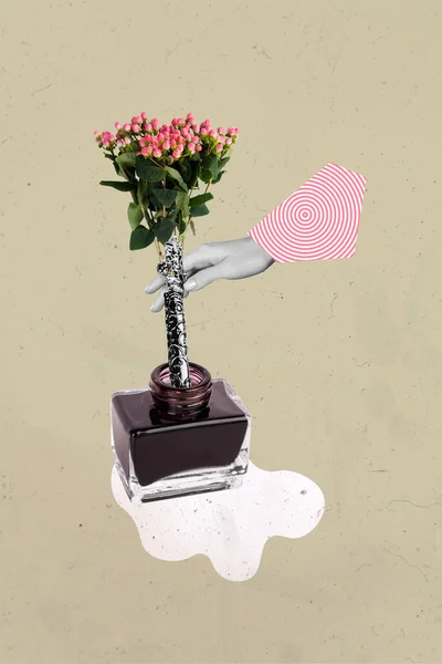 Collage 3d image of pinup pop retro sketch of woman hand use flower bouquet pen writing retro vintage inkpot poetry spring melancholic vibe.