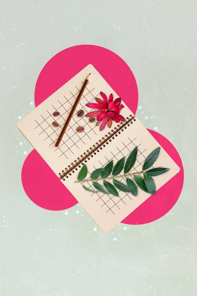 Creative Drawing Collage Picture Girlish Notepad Notebook Spring Flowers Plant — Stock fotografie
