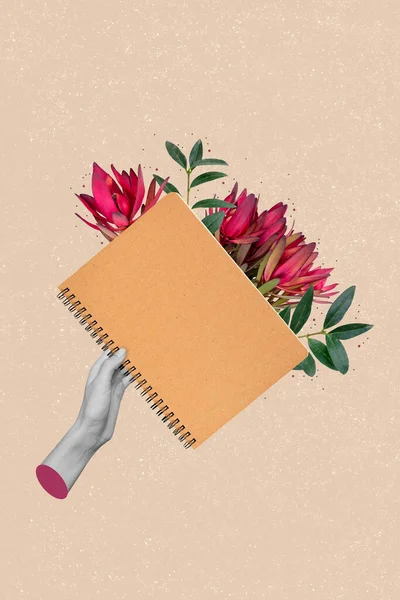 Colaj Compozit Imagine Imagine Femeii Mână Care Deține Notepad Notebook — Fotografie, imagine de stoc