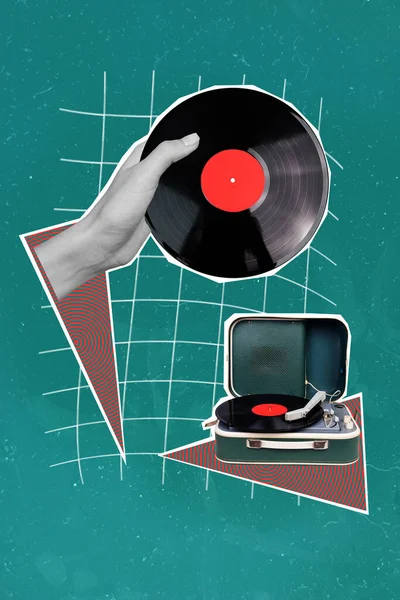 Creative Trend Collage Arms Holding Vinyl Retro Vintage Record Music — 图库照片