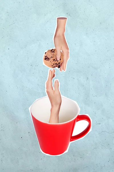 Creative Drawing Collage Picture Hands Holding Cookie Coffee Tea Vup — ストック写真