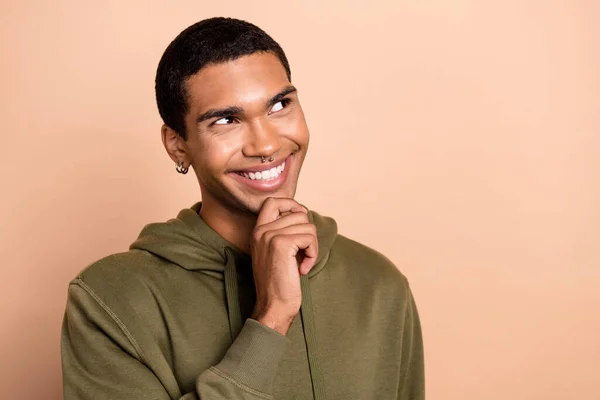 Photo Portrait Young Cheerful Smiling Guy Wear Khaki Hoodie Touch —  Fotos de Stock