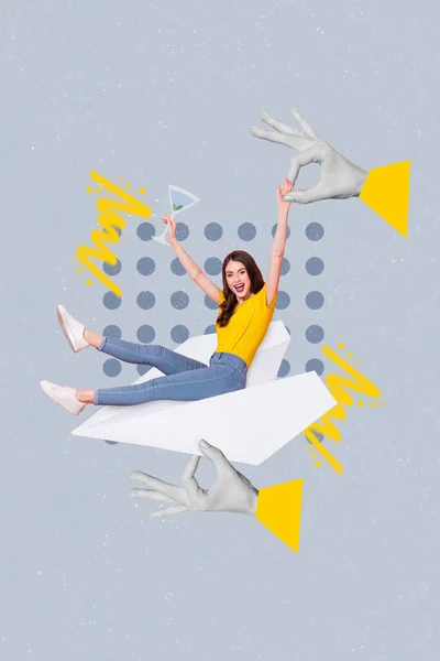Retro Abstract Creative Artwork Template Collage Excited Energetic Young Woman — Foto Stock