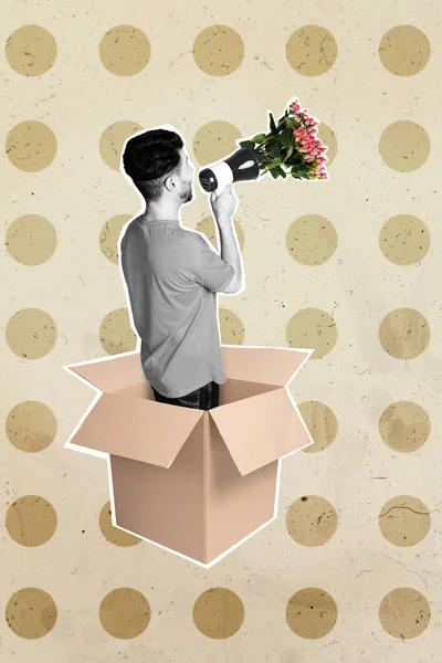 Vertical Creative Collage Image Man Standing Carton Box Delivery Holding — Stockfoto