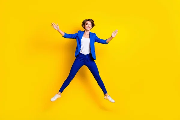 Full Length Photo Shiny Adorable Woman Wear Blue Jumping High — Stock Photo, Image