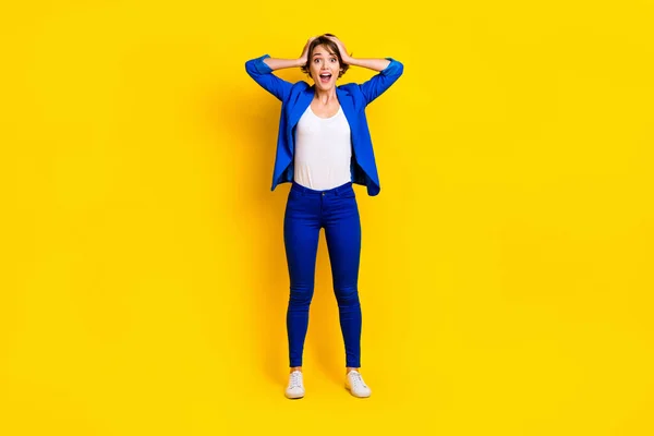 Full Length Photo Pretty Impressed Woman Wear Blue Jacket Arms — Stock Photo, Image