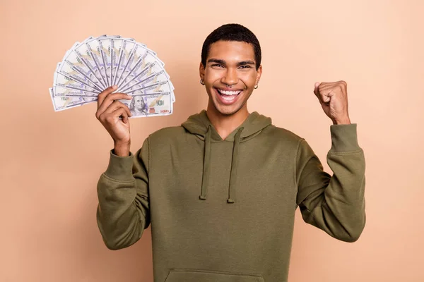 Photo Surprised Positive Man Student Hold Stack Dollars Money Success — Photo