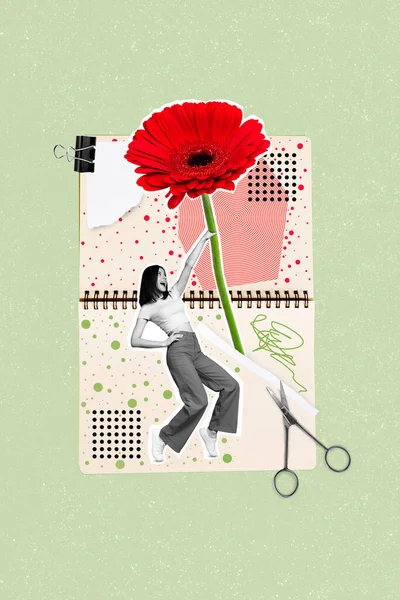 Creative Poster Collage Little Energetic Young Woman Miniature Holding Gerbera — Zdjęcie stockowe