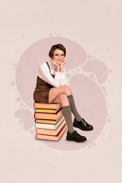 Creative Trend Collage Attractive Young Cute Student Girl Uniform Sitting — Foto de Stock