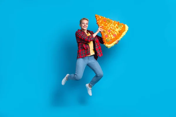 stock image Full body length size photo advertisement pizzeria delivery italian unhealthy slice nutrition hungry jump girl isolated on blue color background.