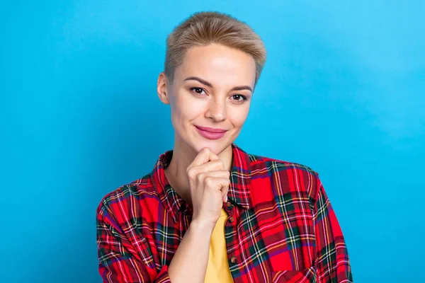 Photo of serious face minded intellectual business lady wear red checkered shirt touch chin confident smart idea isolated on blue color background.