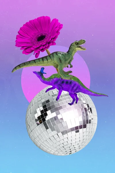 Magazine template collage o0f two prehistoric animals dinosaurs dancing on glitter disco ball occasion.