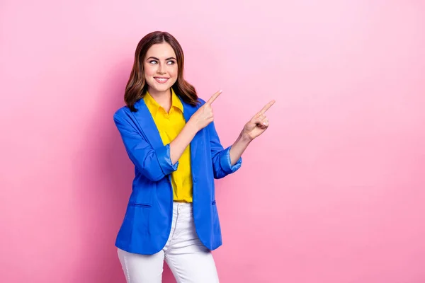 Photo Young Entrepreneur Business Lady Wear Blue Jacket Yellow Shirt — Stockfoto