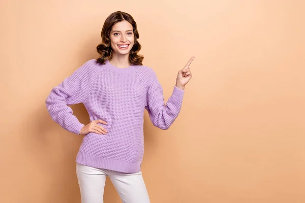 Photo Lovely Cute Lady Wear Stylish Violet Clothes Recommend Beauty — Stock Photo, Image