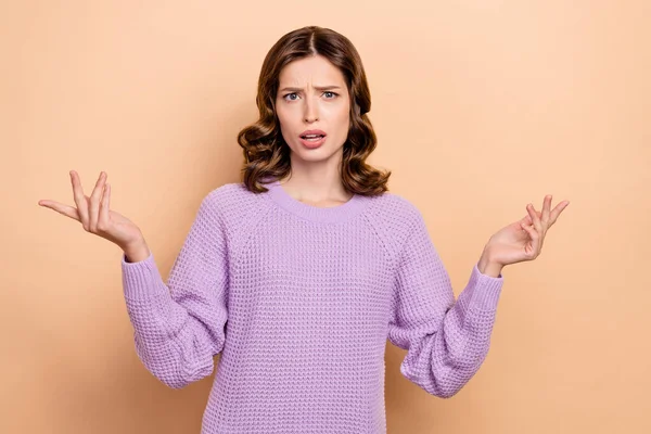 Portrait Unhappy Stressed Girl Wavy Hairstyle Wear Violet Pullover Confused — Foto Stock