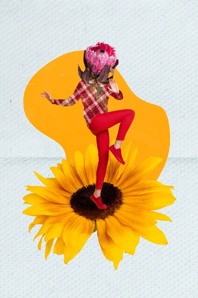 Collage Photo Poster Young Headless Absurd Creative Lady Dancing Flower — Stock Photo, Image