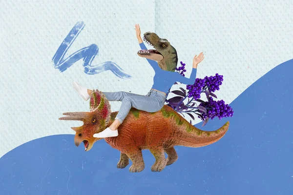 Magazine banner poster collage of unusual person ride fast sit dangerous triceratops on drawing bright color background.