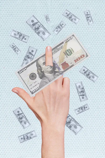 Vertical collage image of human arm demonstrate middle finger gesture through torn dollar banknote isolated on money background.